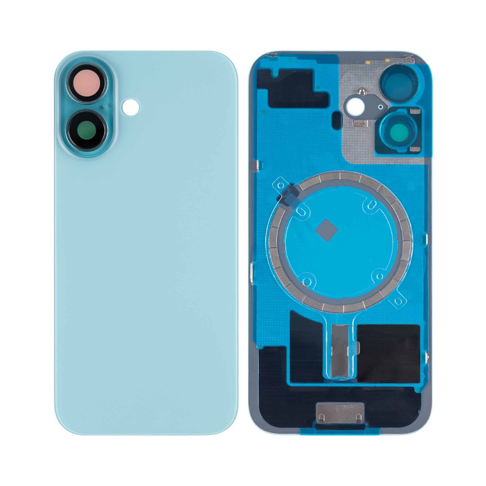 Vitre arrière iPhone 16 sans NFC, cadre caméra agrandi Bleu Sarcelle