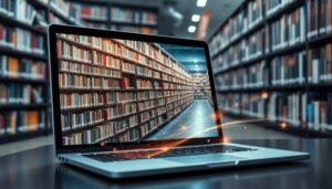 bibliotheque numerique avec livres et ordinateur