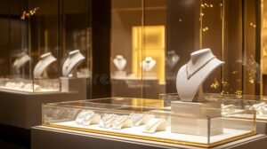 bijoux luxueux scintillant dans vitrine eclairee