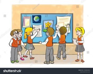 enfants regardant un panneau daffichage scolaire