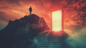 escalier avec une porte vers un sommet lumineux