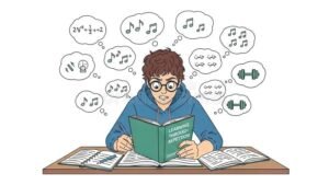 etudiant reflechissant avec livres et notes ouvertes