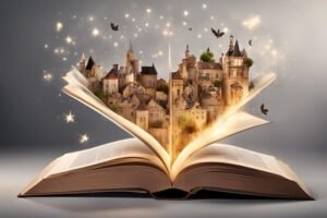 Qu’est-ce que "Il était une fois l’histoire" raconte exactement 32 livre ancien ouvert avec histoires fantastiques