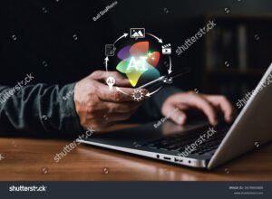 personne utilisant ordinateur avec logo pix lumineux