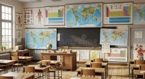 Comment devenir prof d’histoire-géographie : parcours et conseils 42 salle de classe avec carte geographique ancienne