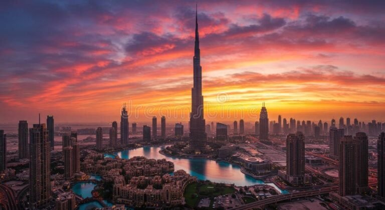 vue panoramique skyline dubai au coucher soleil